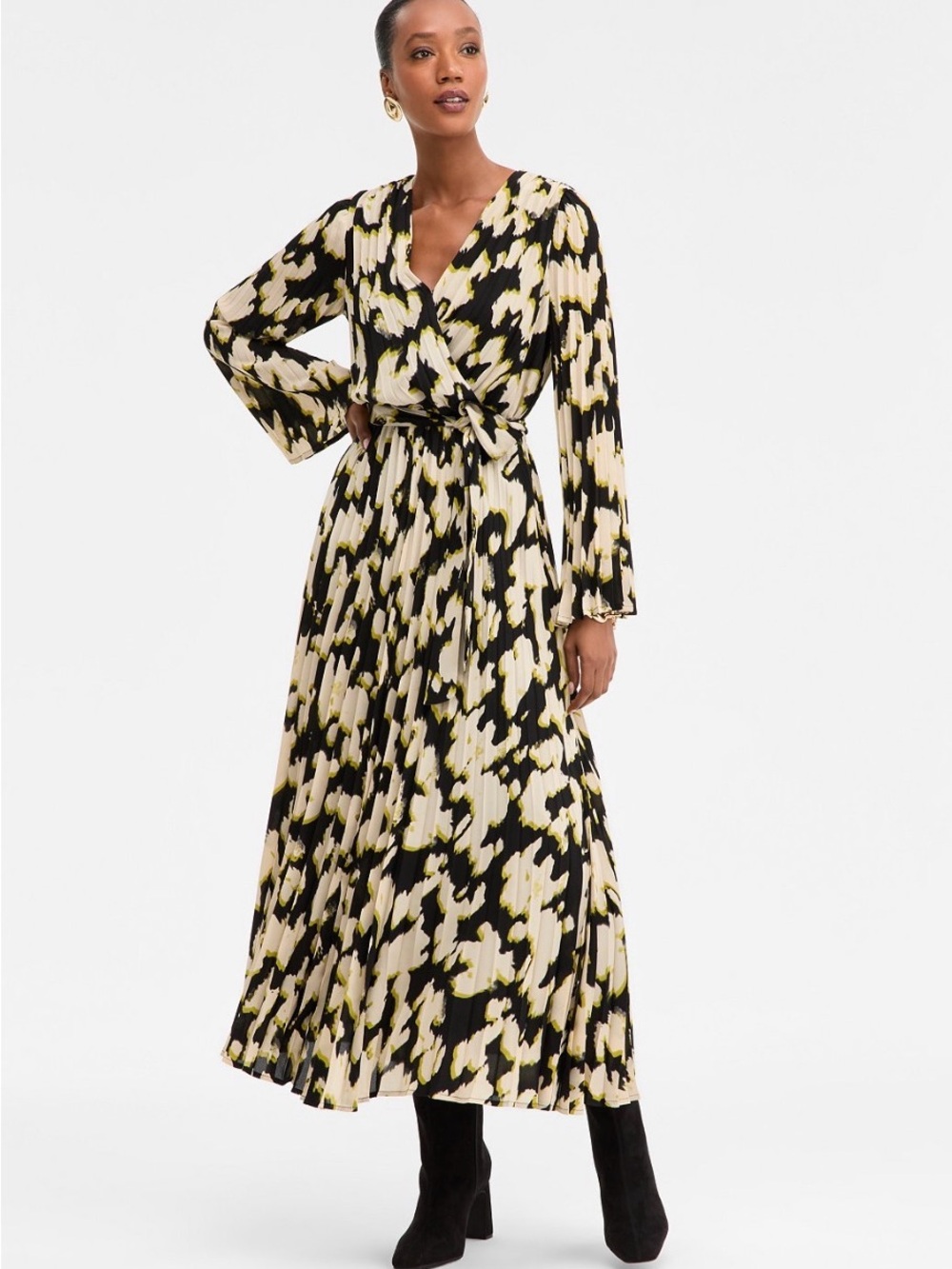 INC International Concepts Black Cream and Yellow Pleated Maxi Dress